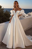 Ivory Off The Shoulder Ruffled Satin A Line Wedding Dress