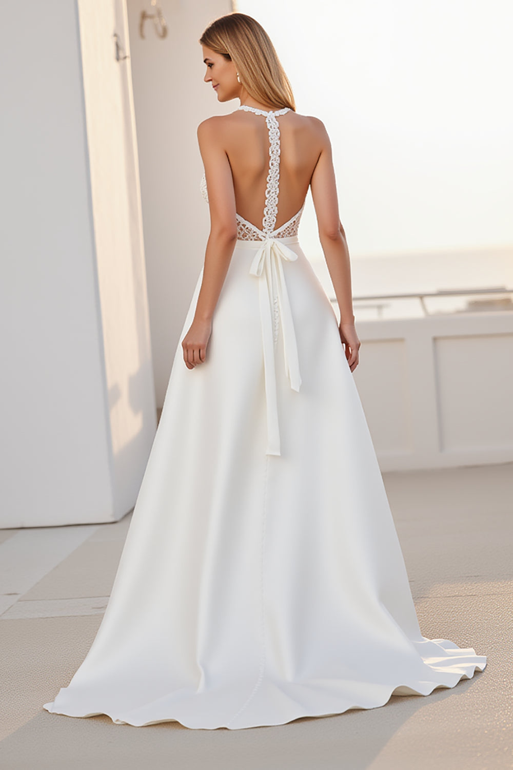 Halter Lace A Line Ivory Satin Wedding Dress