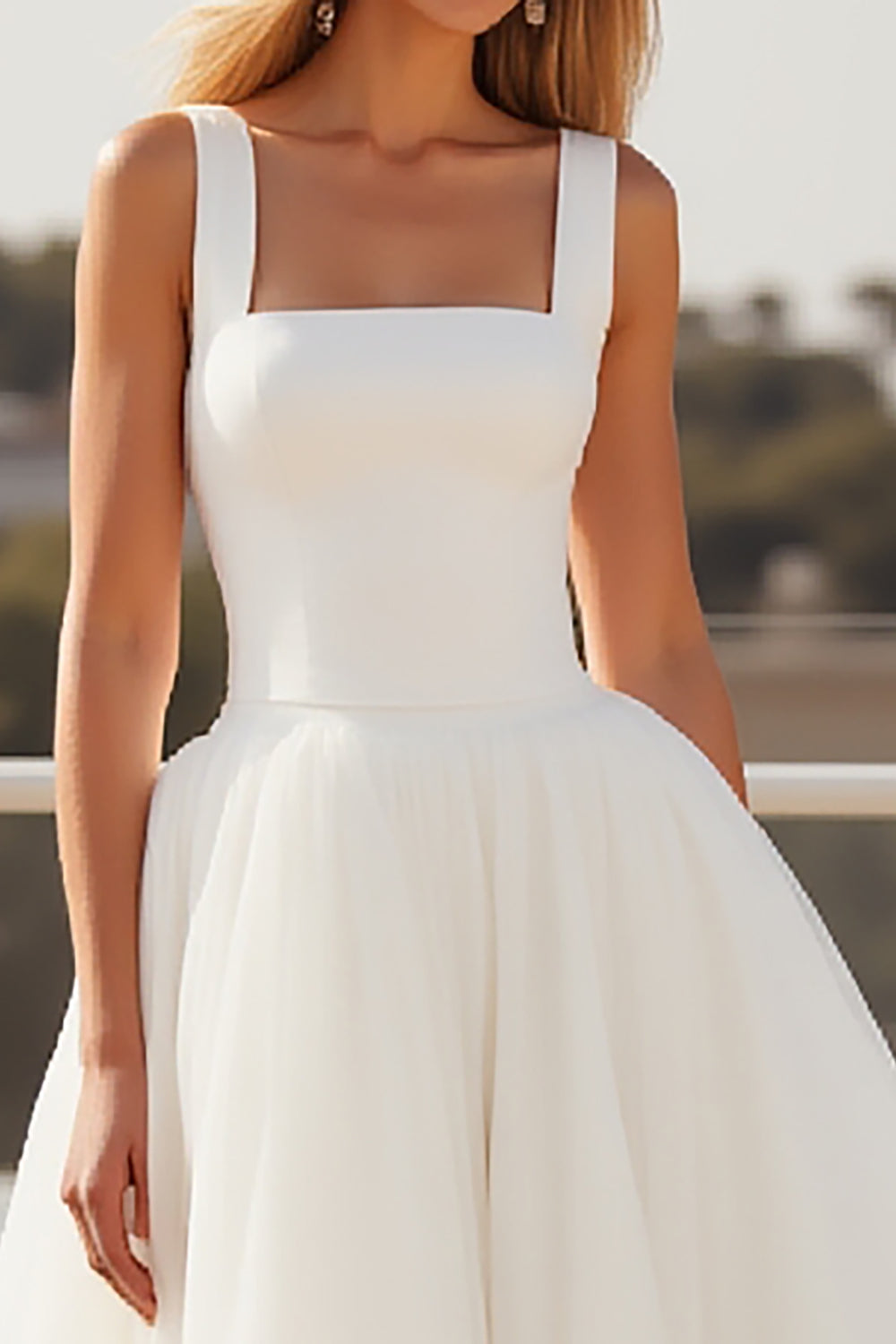 Ivory Spaghetti Straps A Line Crepe Tulle Wedding Dress