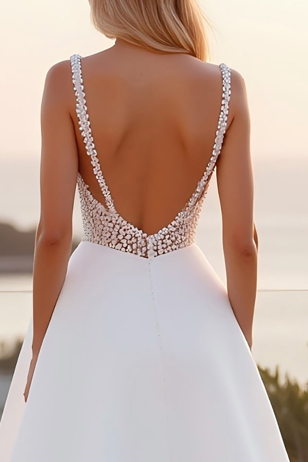 Spaghetti Straps Lace A Line Crepe Ivory Wedding Dress
