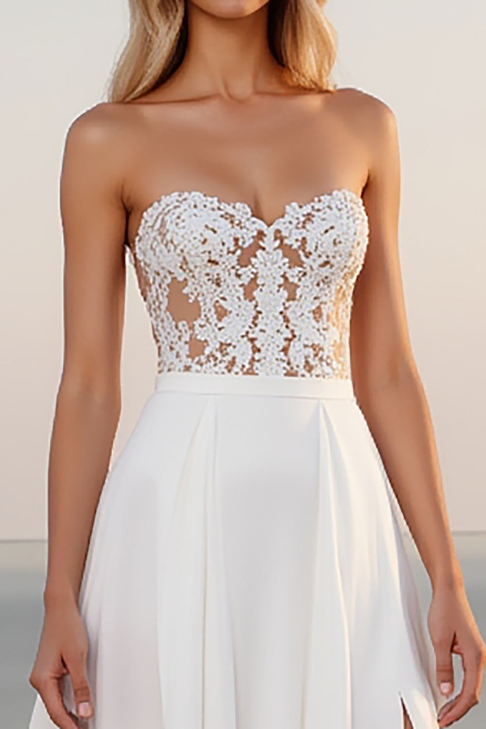 Lace Strapless A Line Ivory Wedding Dress With Slit