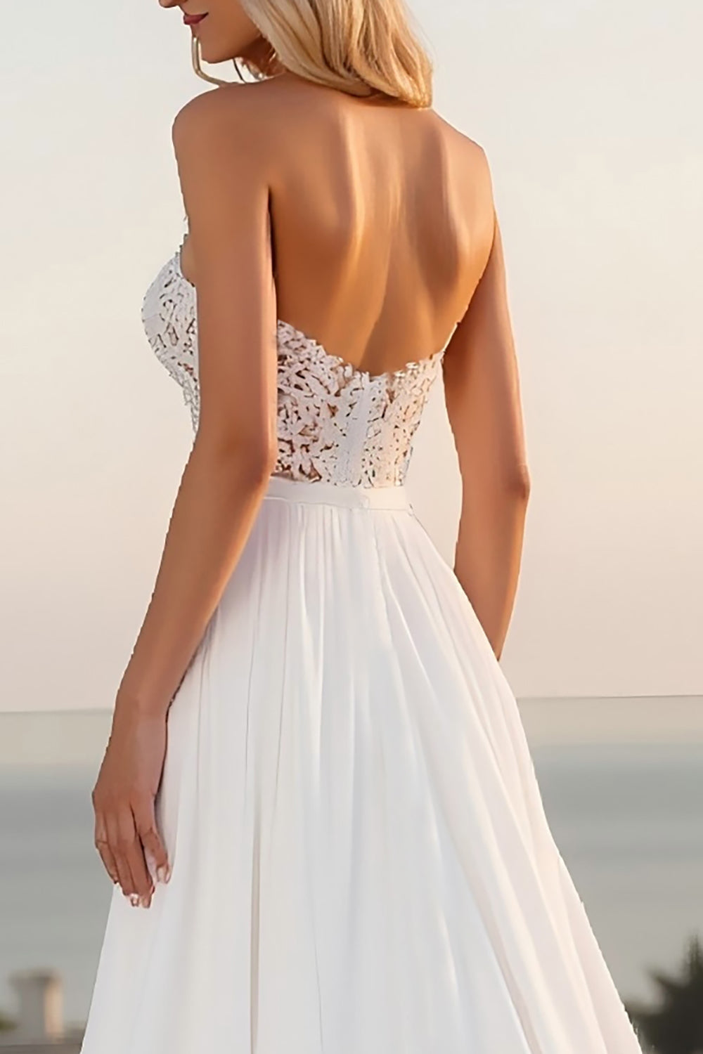 Lace Strapless A Line Ivory Wedding Dress With Slit