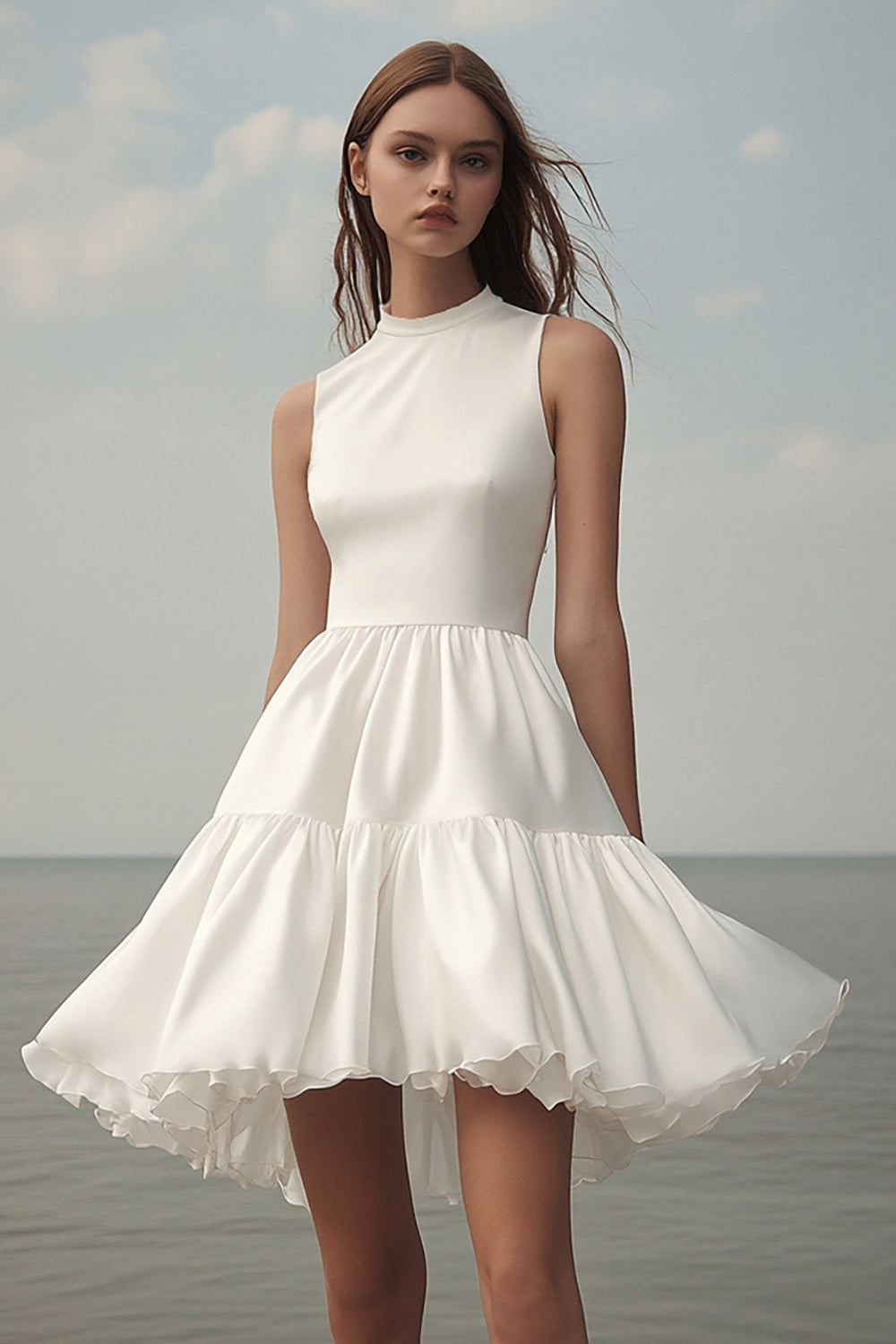 A Line White Halter Ruffles Short Graduation Dress