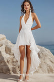A Line White Halter Ruched High-Low Graduation Dress
