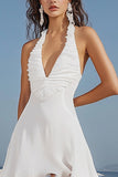 A Line White Halter Ruched High-Low Graduation Dress