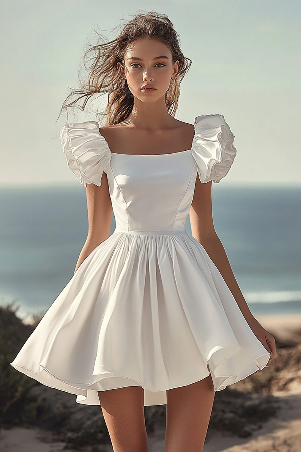 A Line White Puff Sleeves Ruched Short Graduation Dress