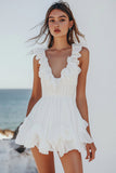 A-Line Ruffles V Neck Pleating Little White Graduation Dress