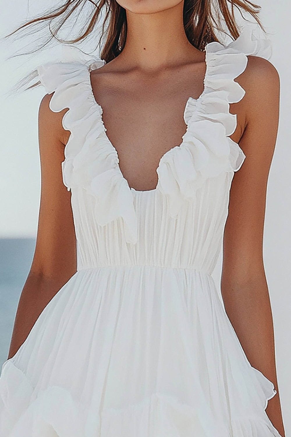 A-Line Ruffles V Neck Pleating Little White Graduation Dress