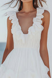 A-Line Ruffles V Neck Pleating Little White Graduation Dress