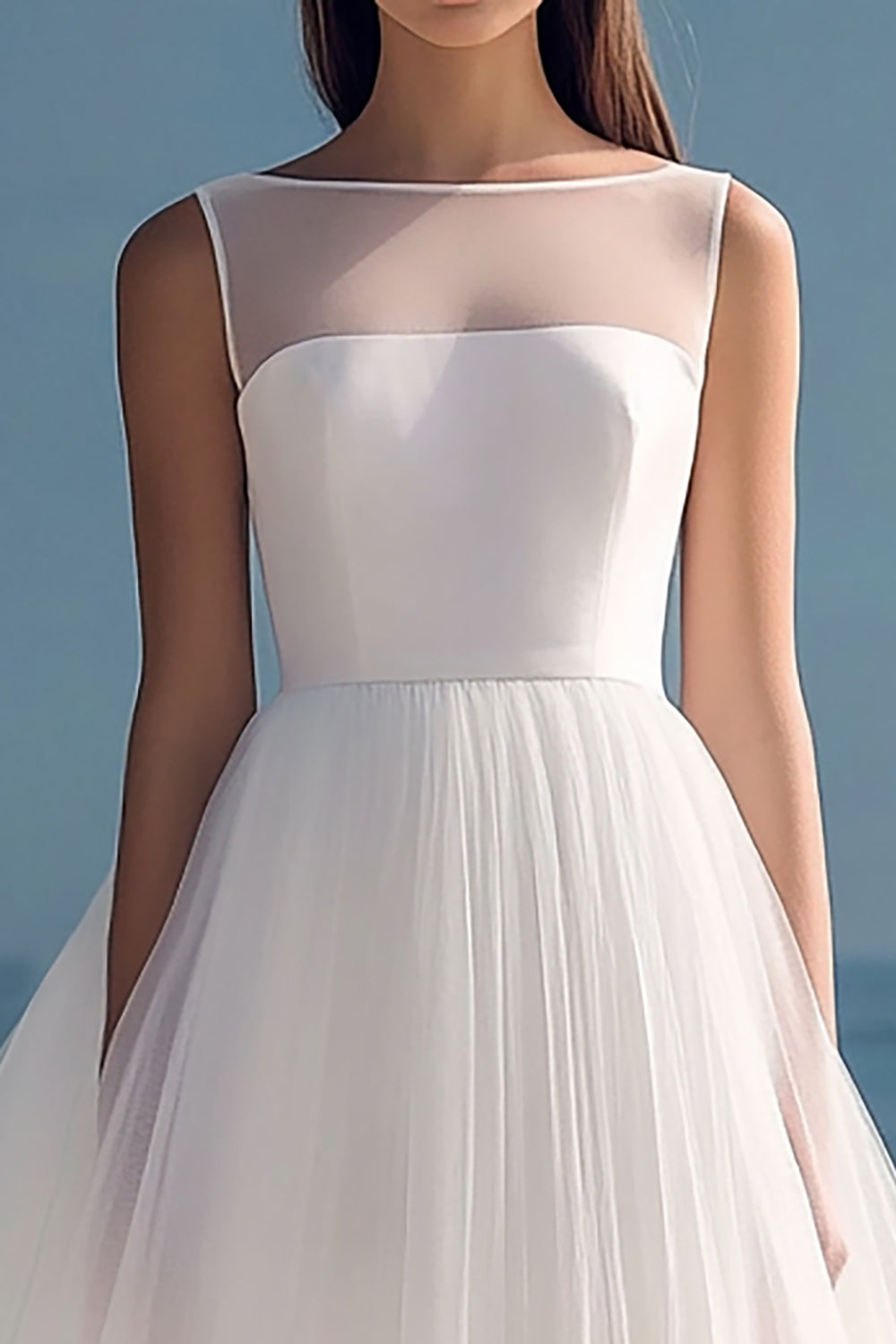 A-Line Illusion Neck Sleeveless Tulle Tea Length Little White Graduation Dress