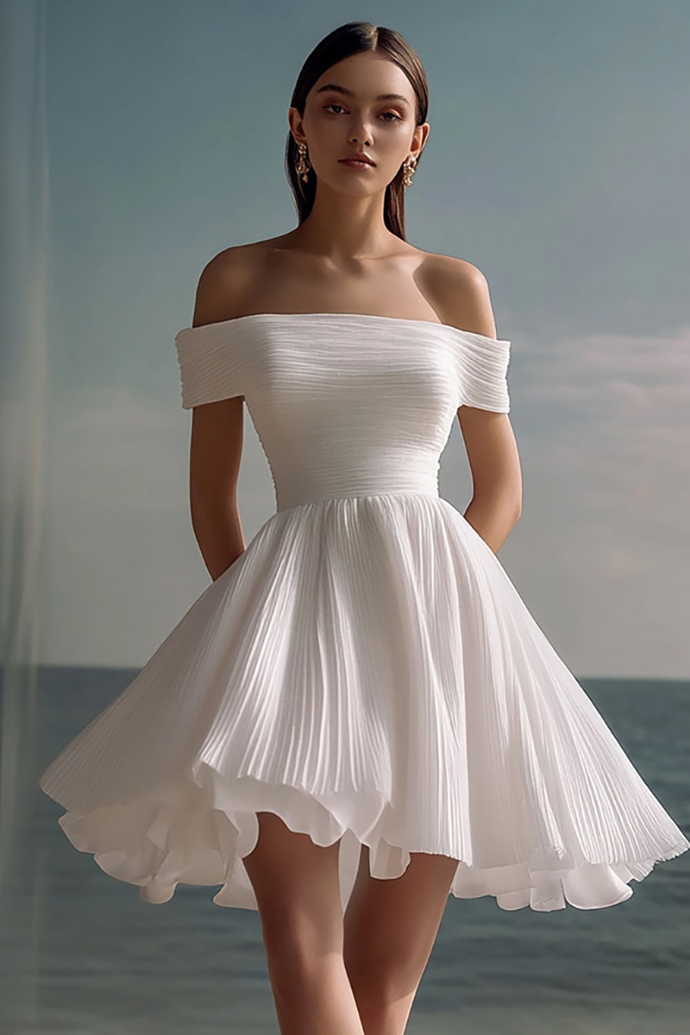 A-Line Of the Shoulder Chiffon Little White Graduation Dress