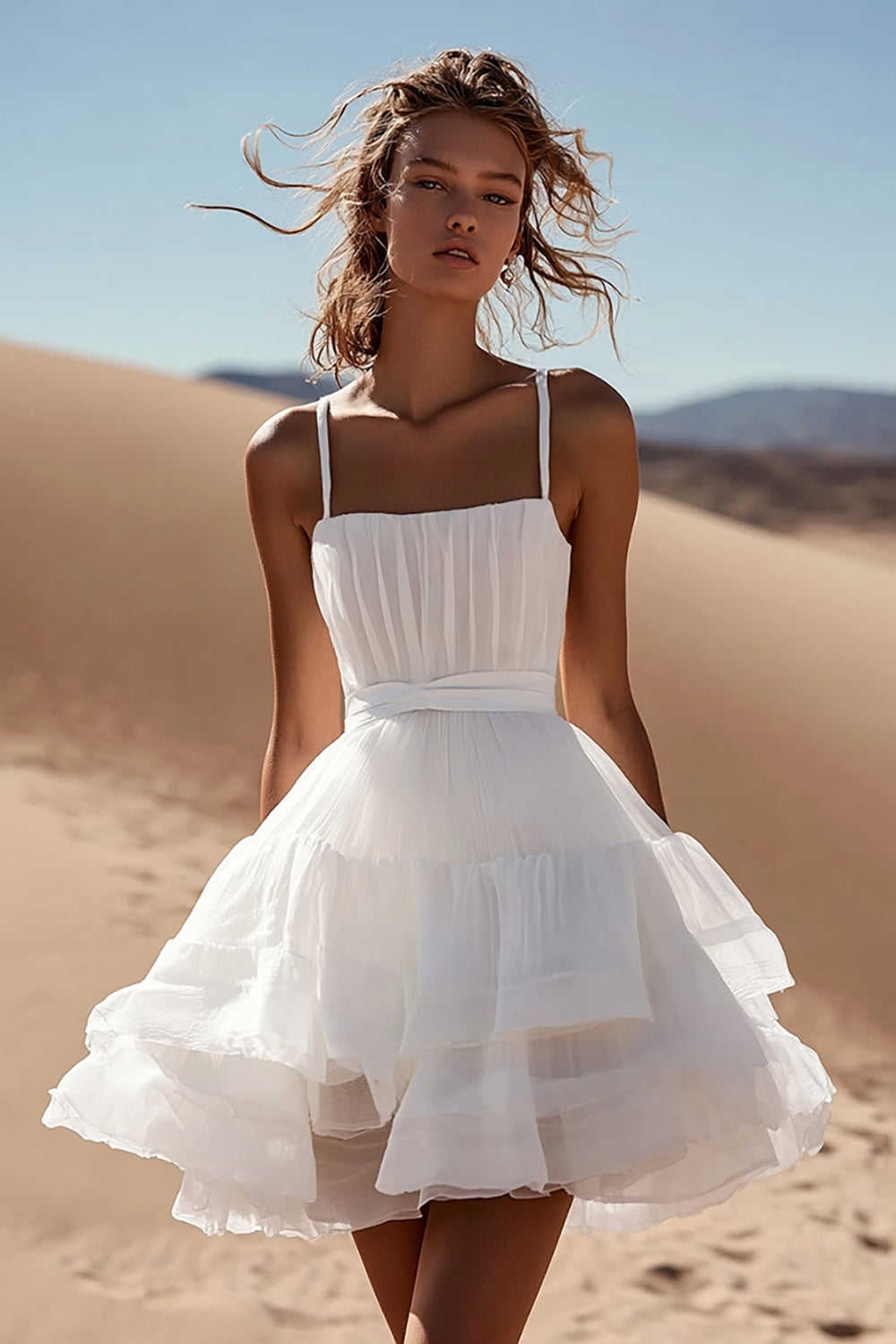 A-Line Spaghetti Straps Ruffles Organza Little White Graduation Dress