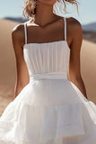 A-Line Spaghetti Straps Ruffles Organza Little White Graduation Dress