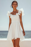 White A-Line Ruffled Neck Chiffon Short Graduation Dress