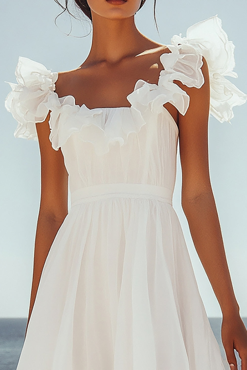 White A-Line Ruffled Neck Chiffon Short Graduation Dress