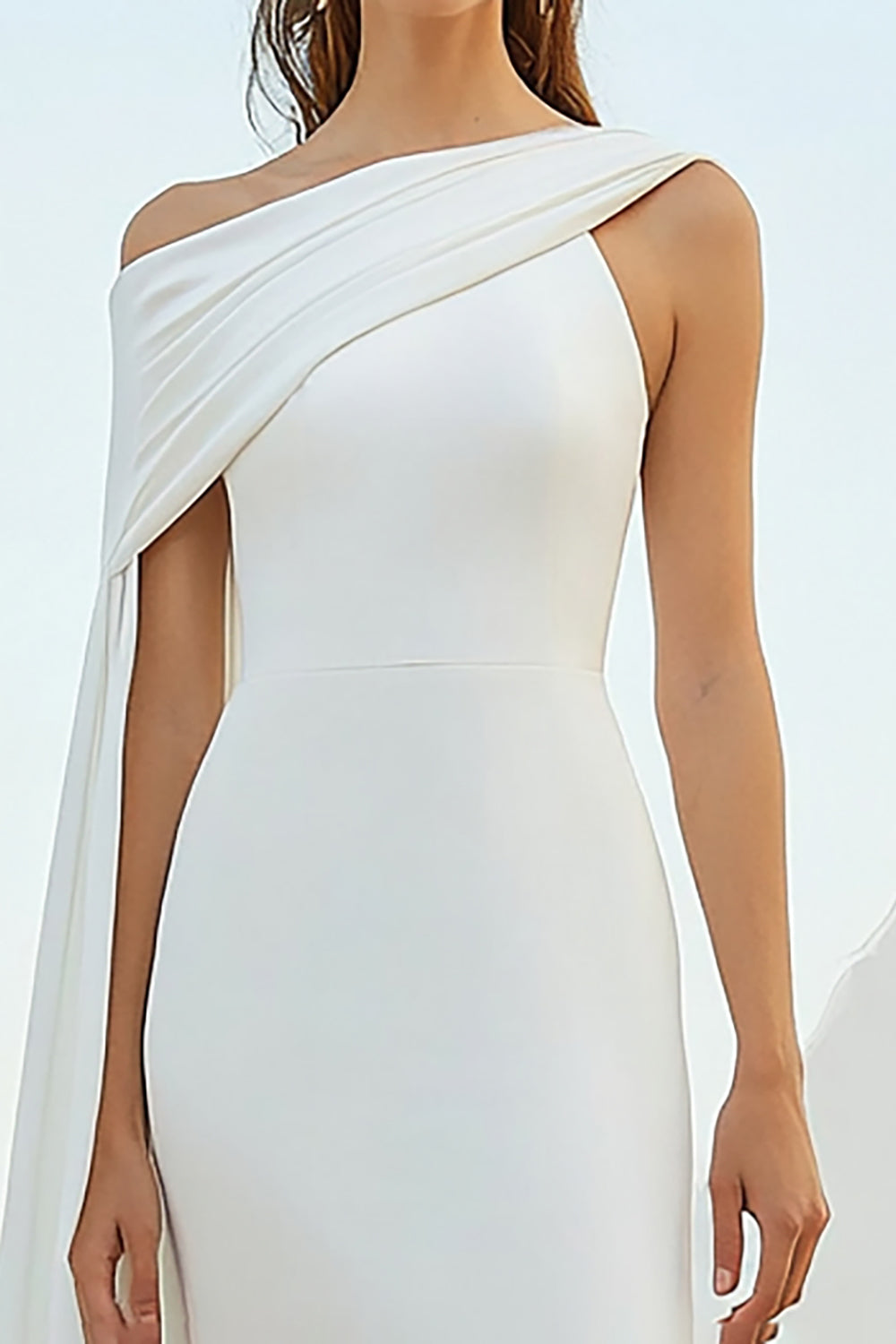 White Sheath One Shoulder Cape Long Graduation Dress