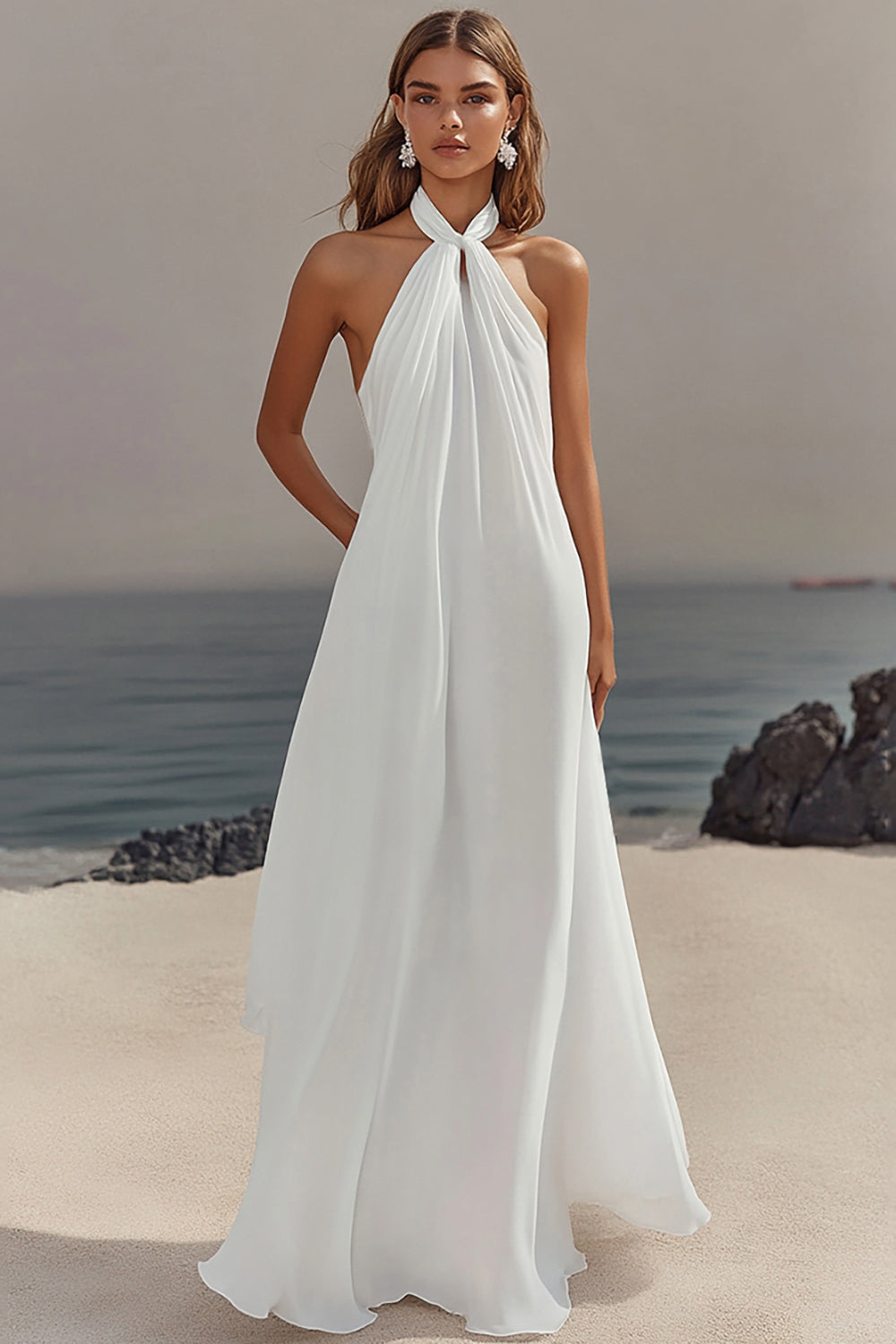 White Sheath Halter Chiffon Long Graduation Dress