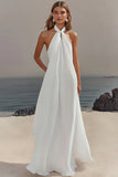 White Sheath Halter Chiffon Long Graduation Dress