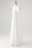 White Halter Sheath Chiffon Maxi White Dress