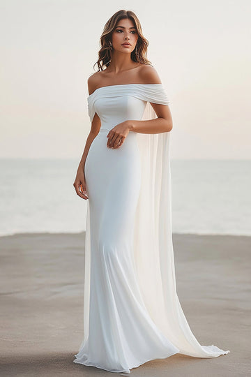 White Mermaid Off the Shoulder Cape Long Chiffon Wedding Dress