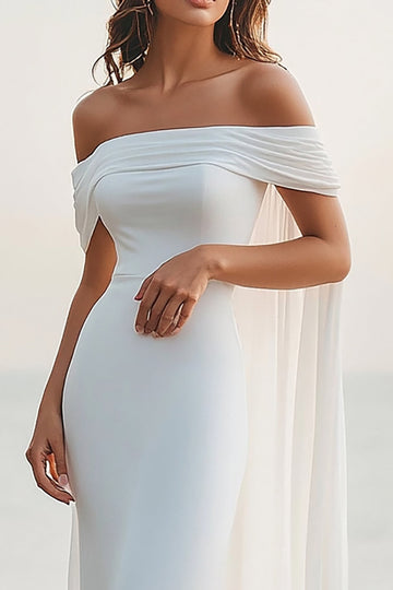 White Mermaid Off the Shoulder Cape Long Chiffon Wedding Dress