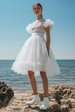 A Line White Tulle High Neck Short Sleeves Bridal Shower Dress