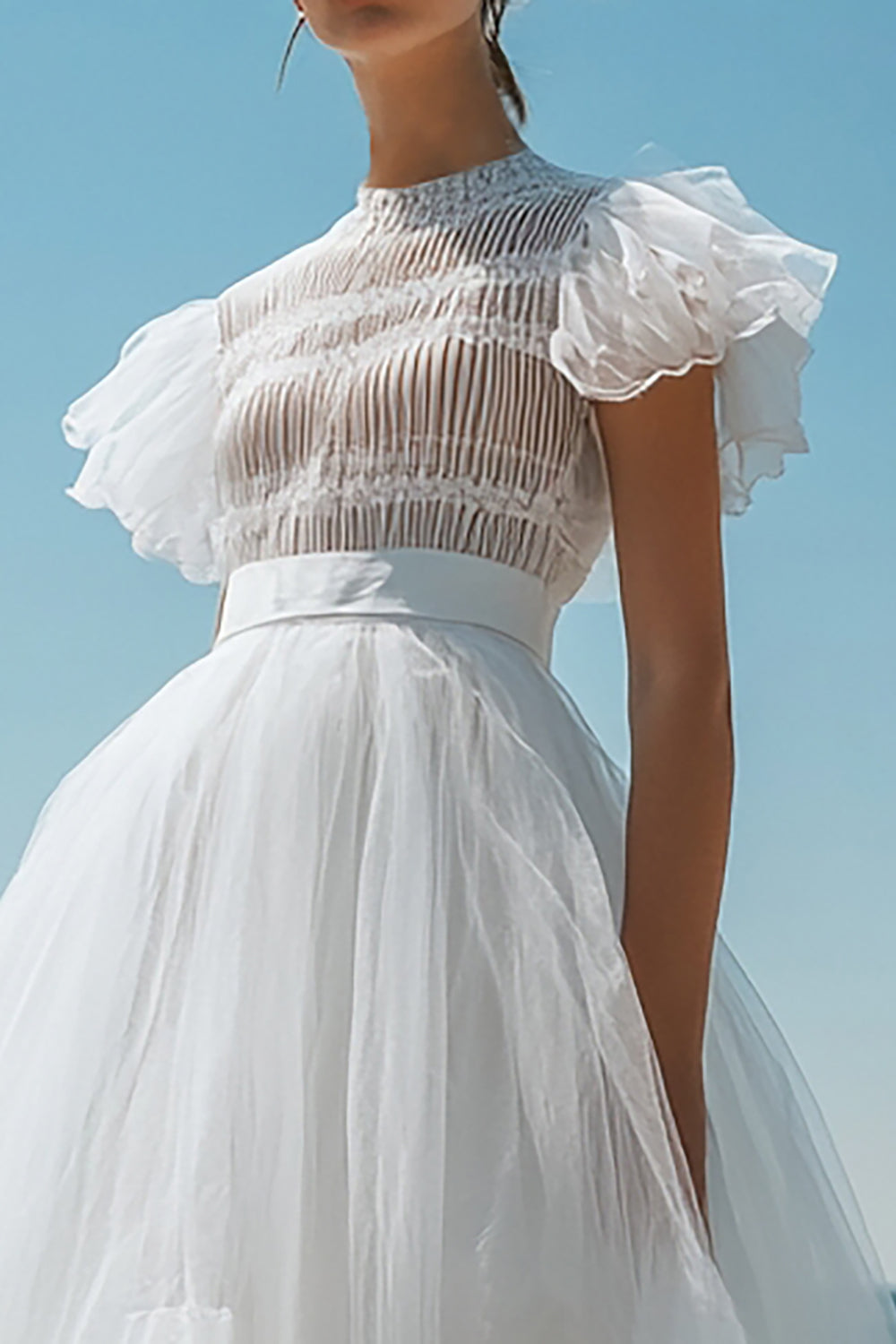 A Line White Tulle High Neck Short Sleeves Bridal Shower Dress
