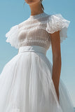 A Line White Tulle High Neck Short Sleeves Bridal Shower Dress