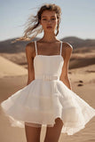 White Organza Spaghetti Straps A Line Tiered Graduation Dress