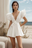 Off the Shoulder Deep V Neck Ruffled Sleeves A Line Graduation Dress