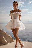 Off the Shoulder A Line White Sequins Organza Graduation Dress