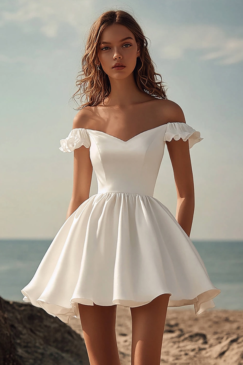 Off the Shoulder Ruffle White Short Graduation Dress