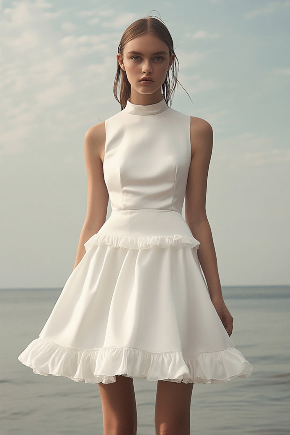 White A Line Ruffled High Neck Short Graduation Dress