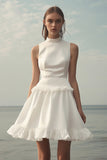White A Line Ruffled High Neck Short Graduation Dress