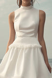 White A Line Ruffled High Neck Short Graduation Dress