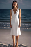 White Sheath V Neck Satin Knee Length Graduation Dress
