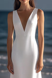 White Sheath V Neck Satin Knee Length Graduation Dress