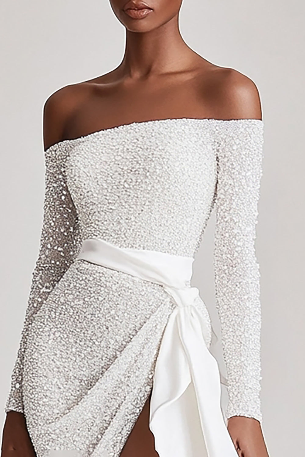 Off The Shoulder Sequins Short Graduation Dress with Long Sleeves