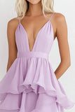 Lilac Spaghetti Straps Chiffon A Line Tiered Party Dress