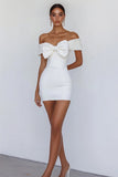 Off the Shoulder Tight White Graduation Dress with Bow