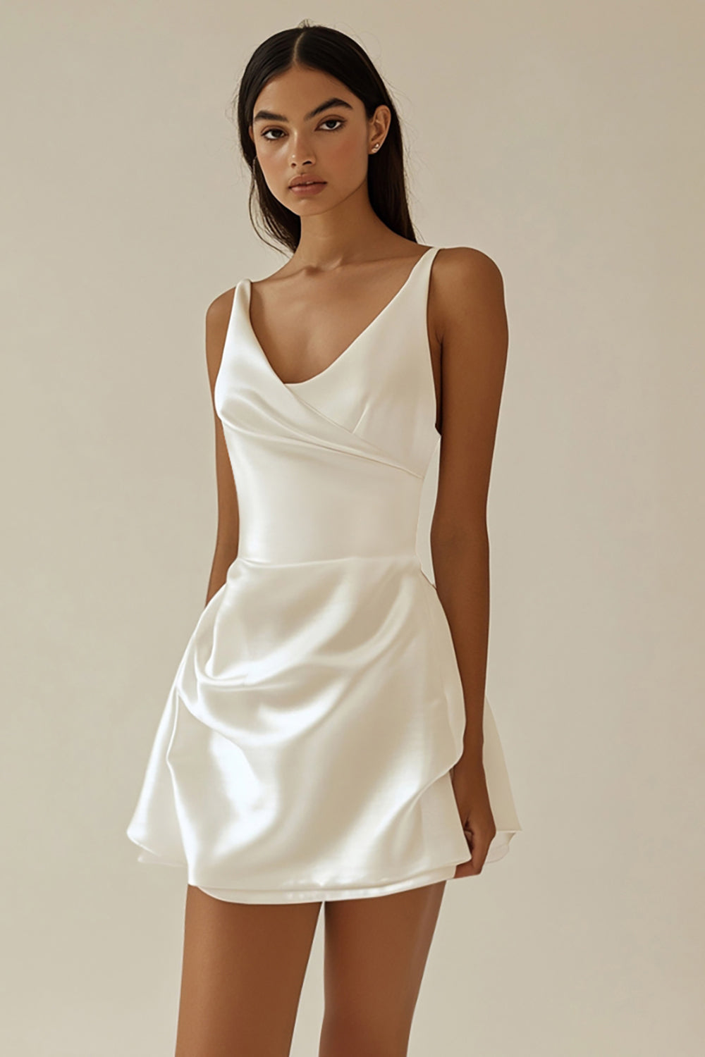 A Line Satin V Neck White Short Graduation Dress