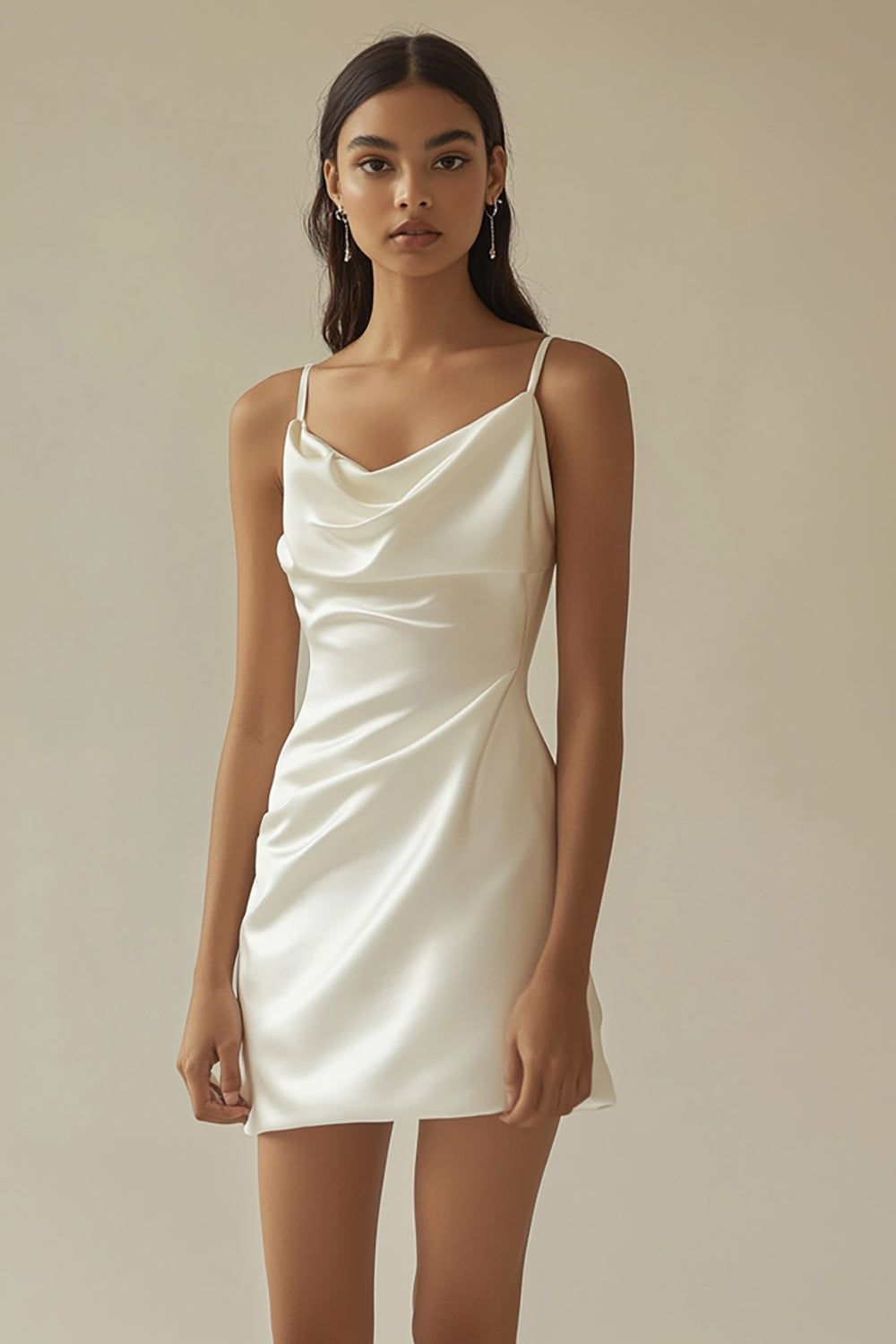 White Satin Cowl Neck Short Graduation Dress