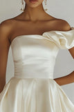 Chic One Shoulder Ruffle Satin White Graduation Dress