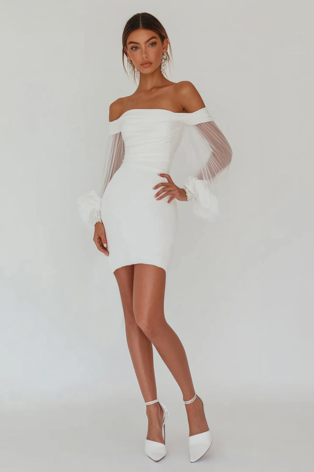 White Off the Shoulder Chiffon Tight Graduation Dress