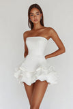White Strapless A Line Tiered Satin Graduation Dress