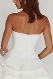White Strapless A Line Tiered Satin Graduation Dress