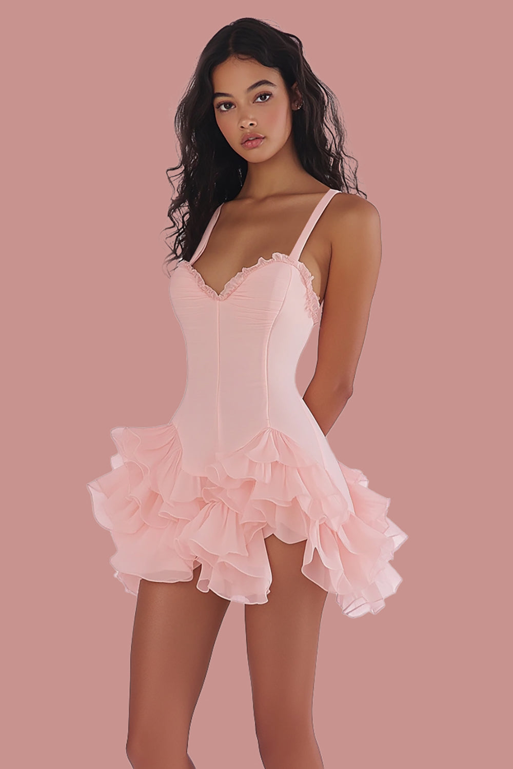 Pink Ruffled Spaghetti Straps A Line Graduation Dress