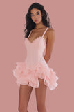 Pink Ruffled Spaghetti Straps A Line Graduation Dress