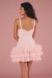Pink Ruffled Spaghetti Straps A Line Graduation Dress