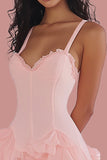 Pink Ruffled Spaghetti Straps A Line Graduation Dress